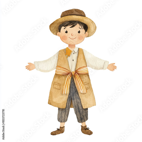 Smiling boy wearing traditional attire.