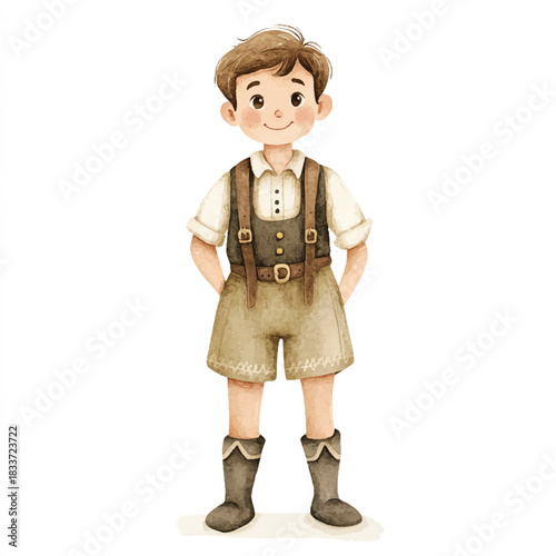 Smiling boy in vintage outfit light brown hair.