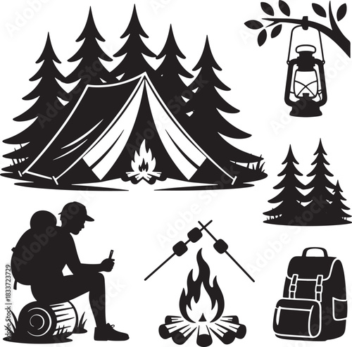 Silhouette camping and outdoor adventure elements set with tent and campfire and lantern