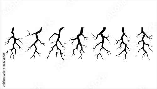 Six black lightning bolt graphic elements on white background thunderbolt crack