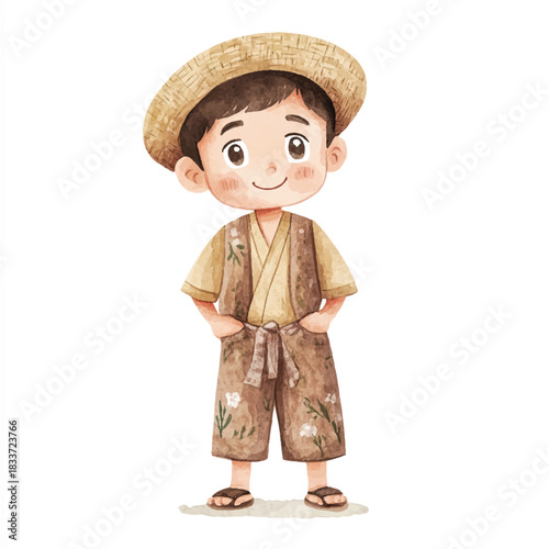 Smiling boy wearing traditional Japanese clothes.