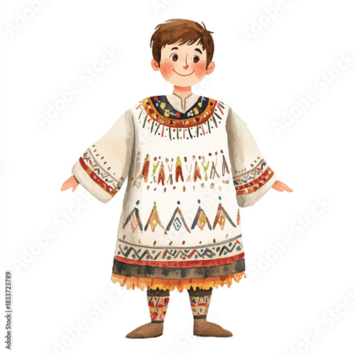 Smiling child in traditional clothing illustration ethnic attire watercolor style cultural costume.