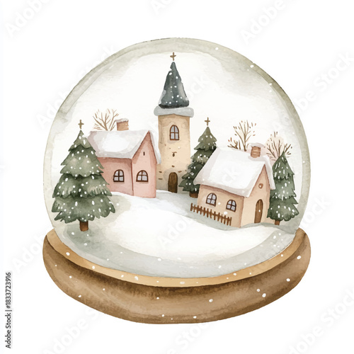 Snow globe village winter scene church houses trees.