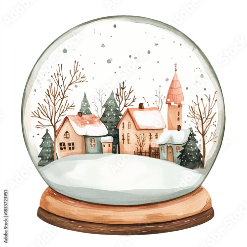 Snow globe with winter village scene houses and trees inside.
