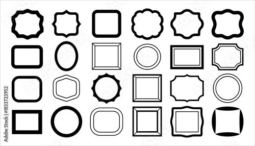Collection of black outlined decorative frames and borders on white background vector