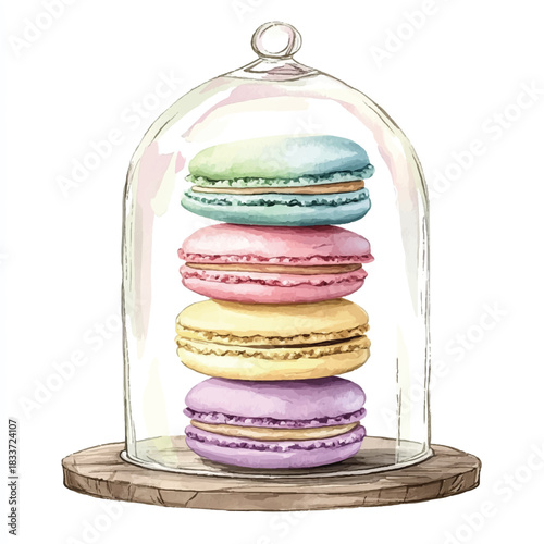 Stack of colorful macarons under glass dome.
