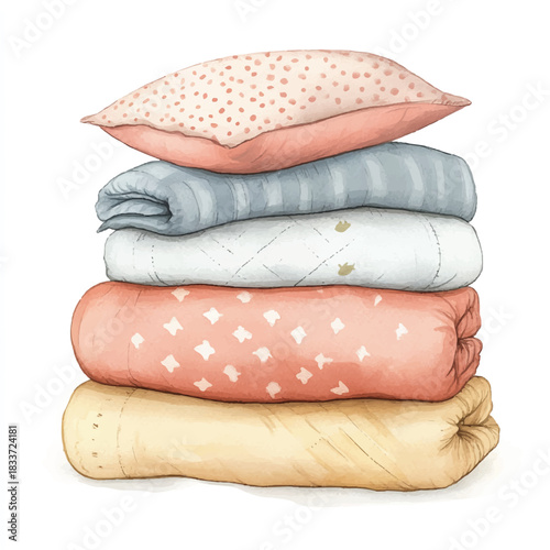 Stack of Cozy Bedding Pillow and Folded Blankets.