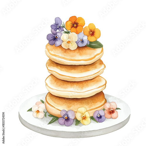 Stack of delicious pancakes adorned with vibrant edible flowers.