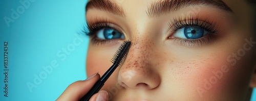 Beautiful young woman applies mascara, brushing her lashes to make them look long and elegant, enhancing her captivating eyes