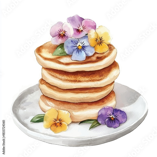 Stack of fluffy pancakes adorned with colorful edible flowers on a white plate.