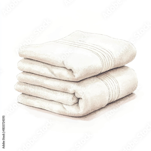 Stack of folded white bath towels with subtle stripes.