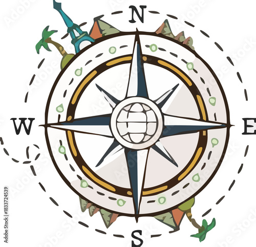 Vintage Compass Rose with World Travel Landmarks and Directional Navigation