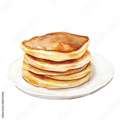 Stack of golden brown pancakes served on a white plate.