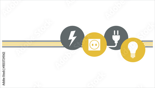 Electrical symbols lightning bolt socket plug light bulb on yellow and grey circles with horizontal lines