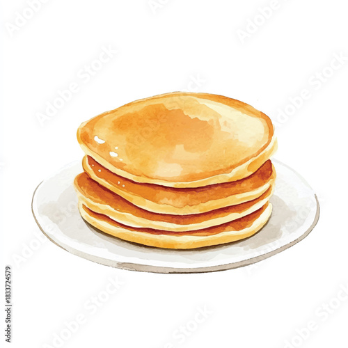Stack of golden pancakes on a white plate.