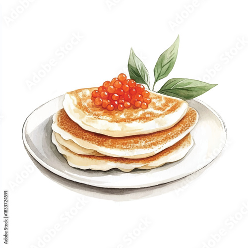 Stack of golden pancakes topped with red caviar a delicious breakfast or brunch dish.