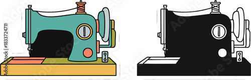 Vintage Sewing Machine Icon Set Color and Silhouette Variations