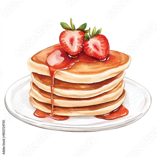Stack of Pancakes with Strawberries and Syrup on a White Plate.