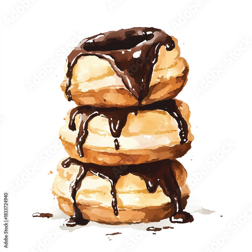 Stack of three delicious donuts with rich chocolate glaze dripping down.