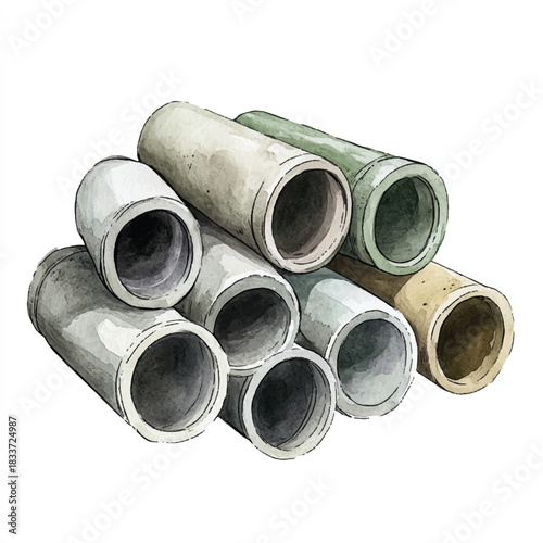 Stack of various sized and colored concrete pipes.