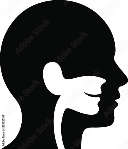 Human head profile showing ear, mouth, and throat anatomy illustration