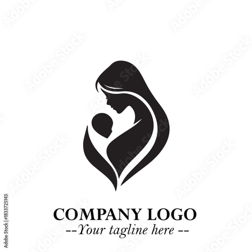 Mom and Baby Vector Illustration in Black on White Background for Gentle Minimalist Design Art Style