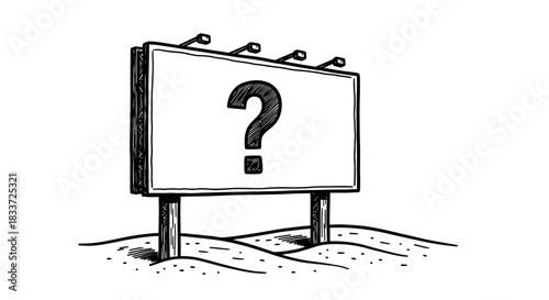 A hand-drawn illustration of an outdoor advertising billboard featuring a prominent question mark, symbolizing uncertainty, a query, or a pending decision.