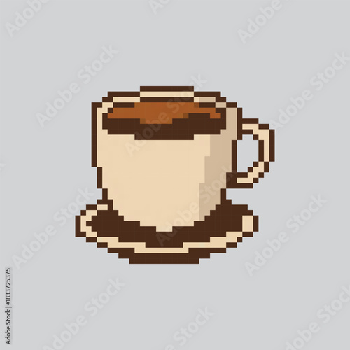 Hot coffee cup and saucer in classic 8bit pixel art style illustration