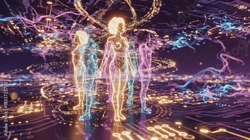 Digital Human Avatars in a Futuristic Cyberpunk Cityscape with Glowing Circuits and Neon Lights.