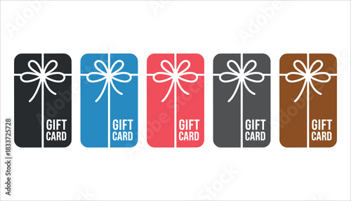 Five gift cards in black blue red gray and brown with white bows present card