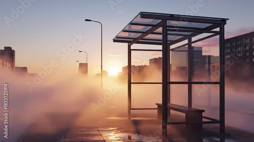 Empty Bus Stop in a Foggy City at Sunset with Golden Light and Urban Landscape.