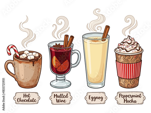 Cozy winter beverages hot chocolate, mulled wine, eggnog, and peppermint mocha, perfect for a cold day