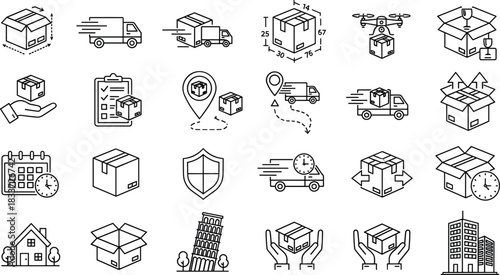 Shipping and delivery icon set, logistics and transportation symbol collection, e-commerce graphics, black white vector, cad drawing flat vector illustration