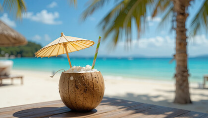Stickers  Escape to Paradise with this Refreshing Coconut Drink on a Tropical Beach Getaway, Featuring Turquoise Waters, White Sand, and Relaxing Ocean Views for Your Ultimate Vacation Vibes  © Asset Arc