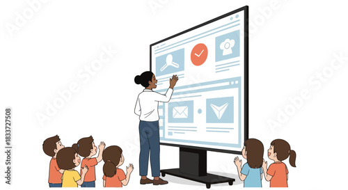 A teacher is instructing a group of young students in front of a large interactive screen displaying web page elements.