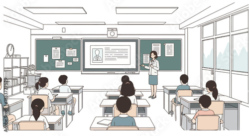 Teacher instructing students in a modern classroom with digital technology.