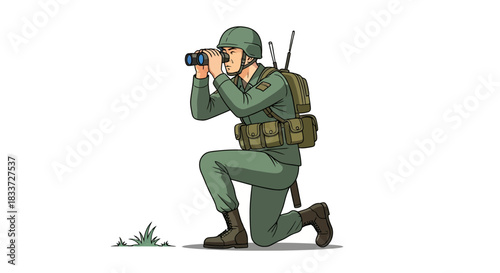 Soldier kneeling and observing through binoculars with military gear.