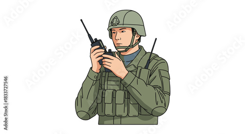 Military Soldier Communicating with Radio Transceiver.