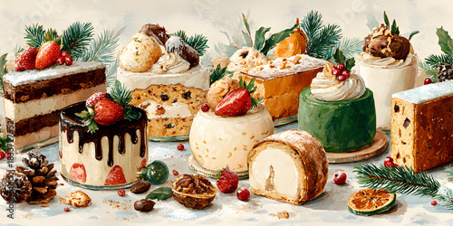 Festive watercolor background with Christmas pastries and desserts decorated with fir branches cones and Christmas ornaments. Holiday artistic backdrop xmas treat baked good conifer