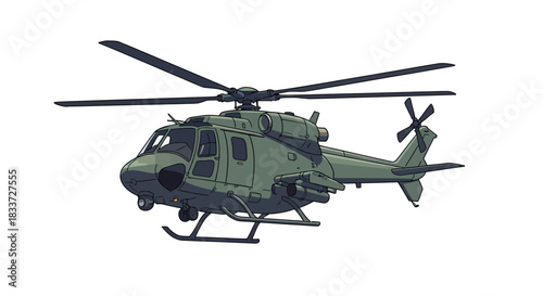 A detailed illustration of a green military attack helicopter in flight against a white background.