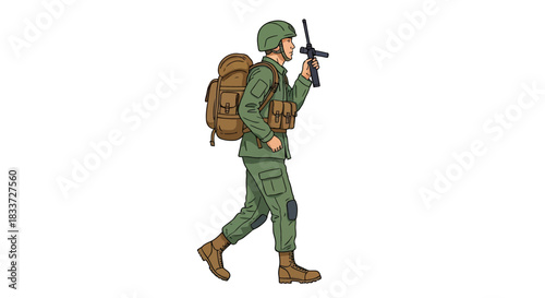 Soldier walking with rifle and backpack in military uniform.