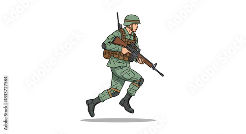 Soldier Running with Rifle in Combat Uniform.