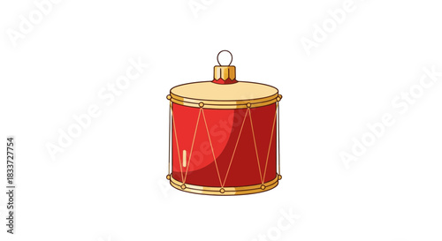 A red and gold cylindrical drum ornament with a hanging loop, isolated on a white background.