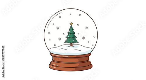 A charming illustration of a classic snow globe featuring a festive green Christmas tree on a snowy base, with snowflakes falling inside, all resting on a brown wooden stand.