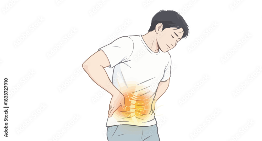 Fototapeta premium Illustration of a man suffering from lower back pain, holding his aching lumbar region with a glowing spine.