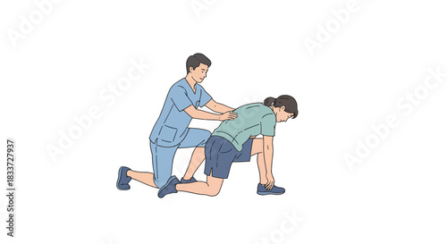 A physical therapist assists a patient in a quadruped position, demonstrating a spinal mobilization technique.