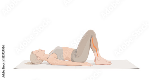 Woman practicing bridge pose on yoga mat for relaxation and flexibility.