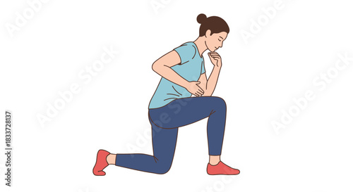 Illustration of a woman in a lunge position, possibly thinking or contemplating something, with hand to chin.