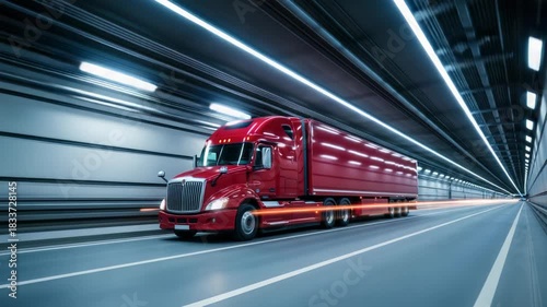 Red transport truck speeds through a futuristic tunnel, showcasing modern logistics and efficient