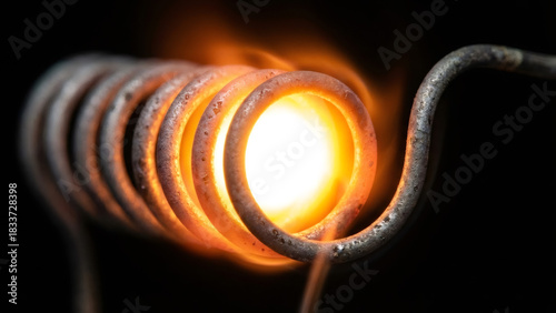 A glowing hot metal heating coil on a black background. Close-up of an electric resistance element showing intense heat and energy